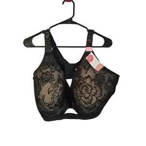 Cacique Comfort Bliss No-Wire Bra 50DDD Black Floral Lace Lightly Lined NEW